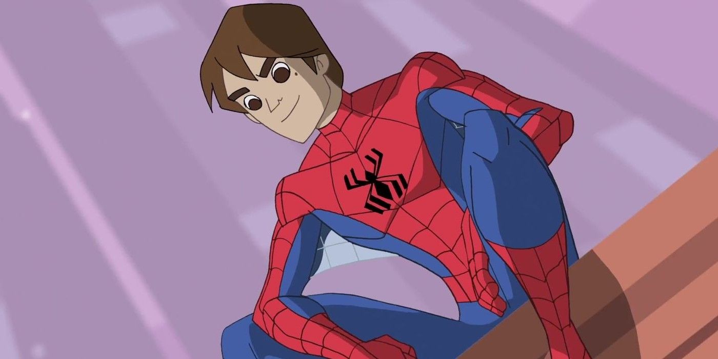 Spider-Man with his mask off smiling while sitting on a rooftop in Spectacular Spider_Man