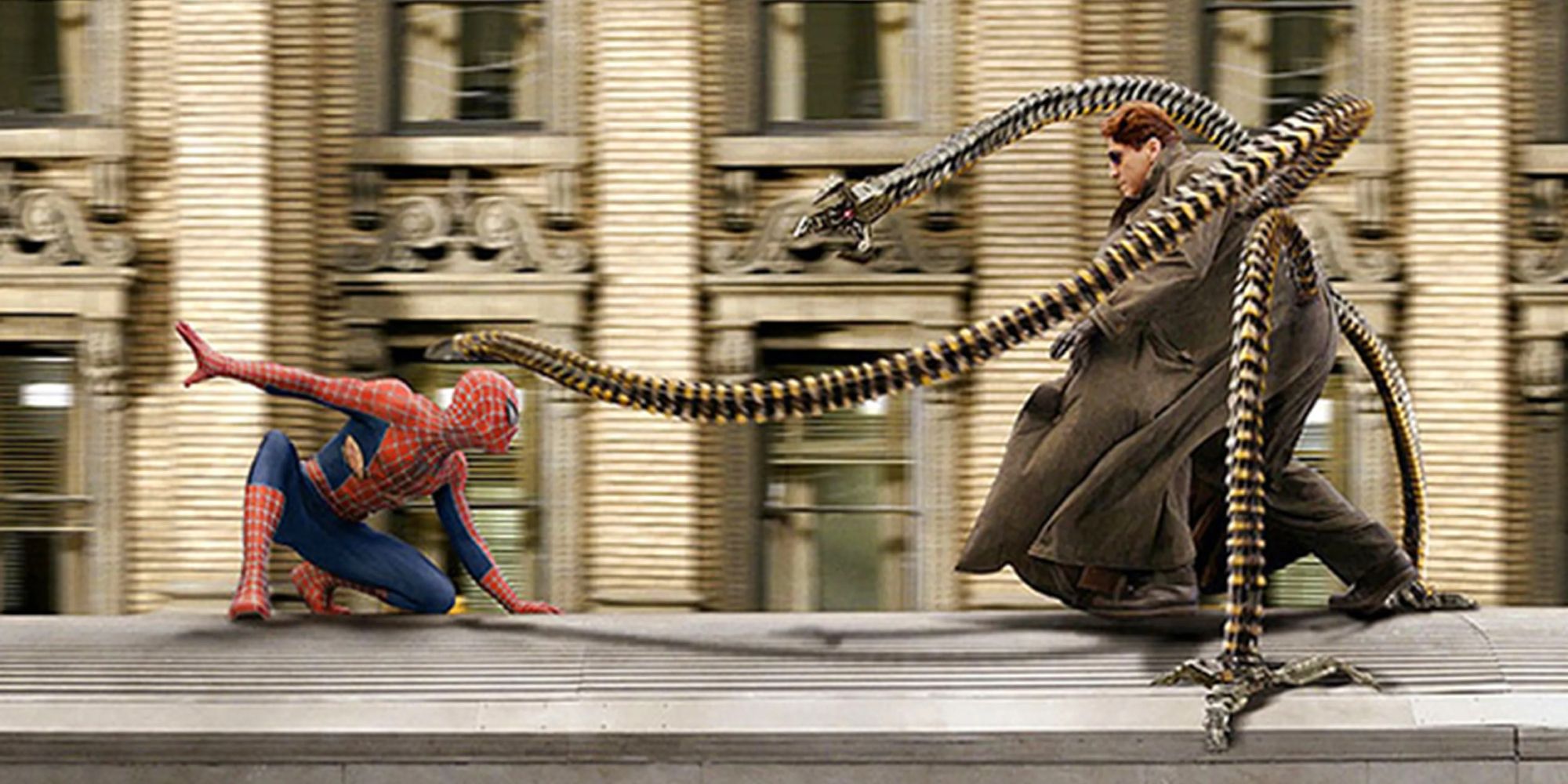 Spider-Man fights Doctor Octopus on a train in Spider-Man 2