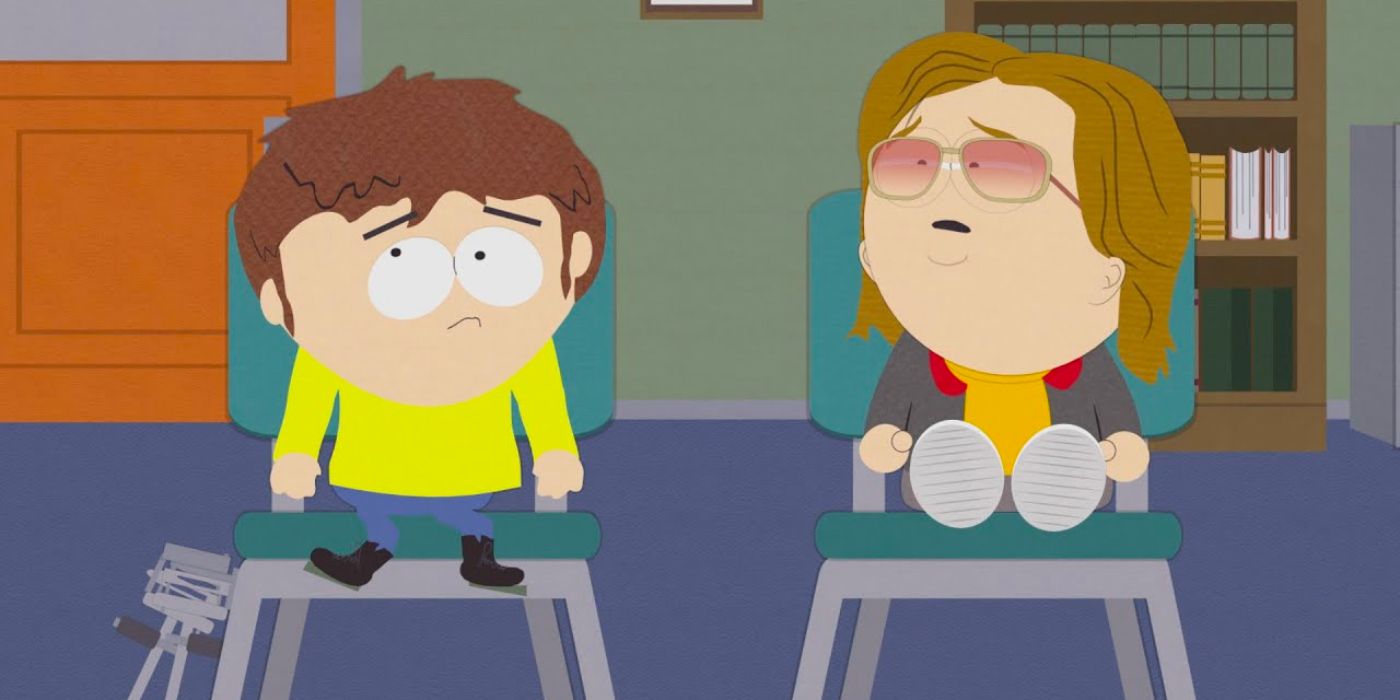 South Park's Jimmy sits in the principal's office looking uncertain as he sits next to another student.