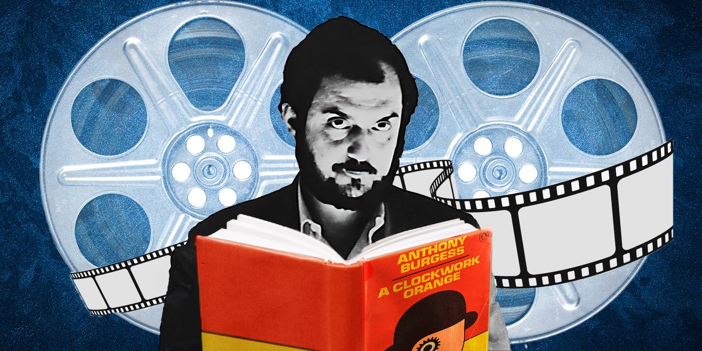 Feature image of Stanley Kubrick holding the Clockwork Orange novel in front of movie reels