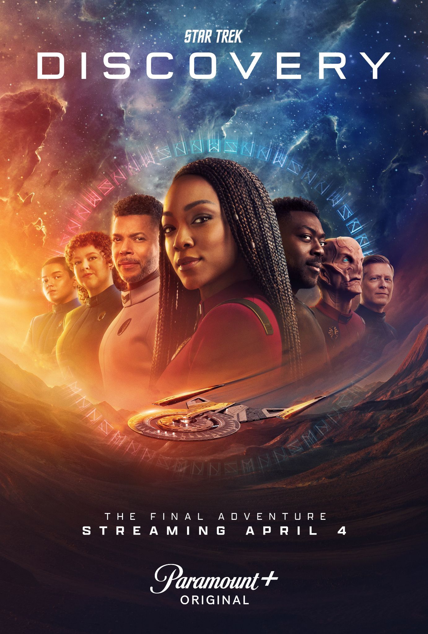 Sonequa Martin Green flanked by the ensemble cast of Star Trek Discovery on the poster for Season 5