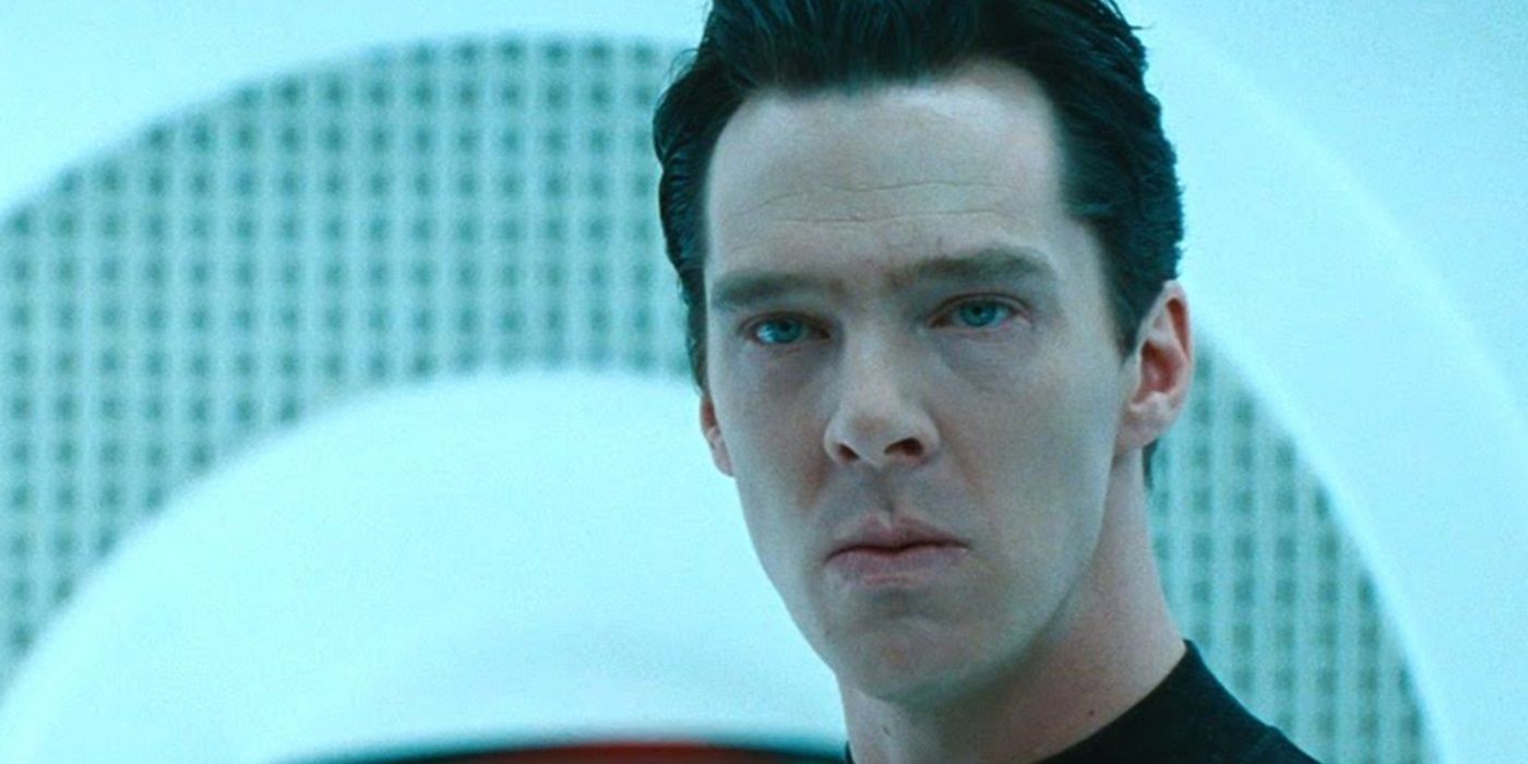 Benedict Cumberbatch as Khan Noonien Singh looking straight ahead in Star Trek: Into Darkness