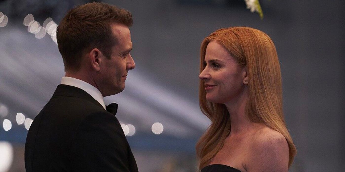 Harvey Specter (Gabriel Macht) and Donna Paulsen (Sarah Rafferty) look each other in the eyes and smile in the 'Suits' series finale, "One Last Con".
