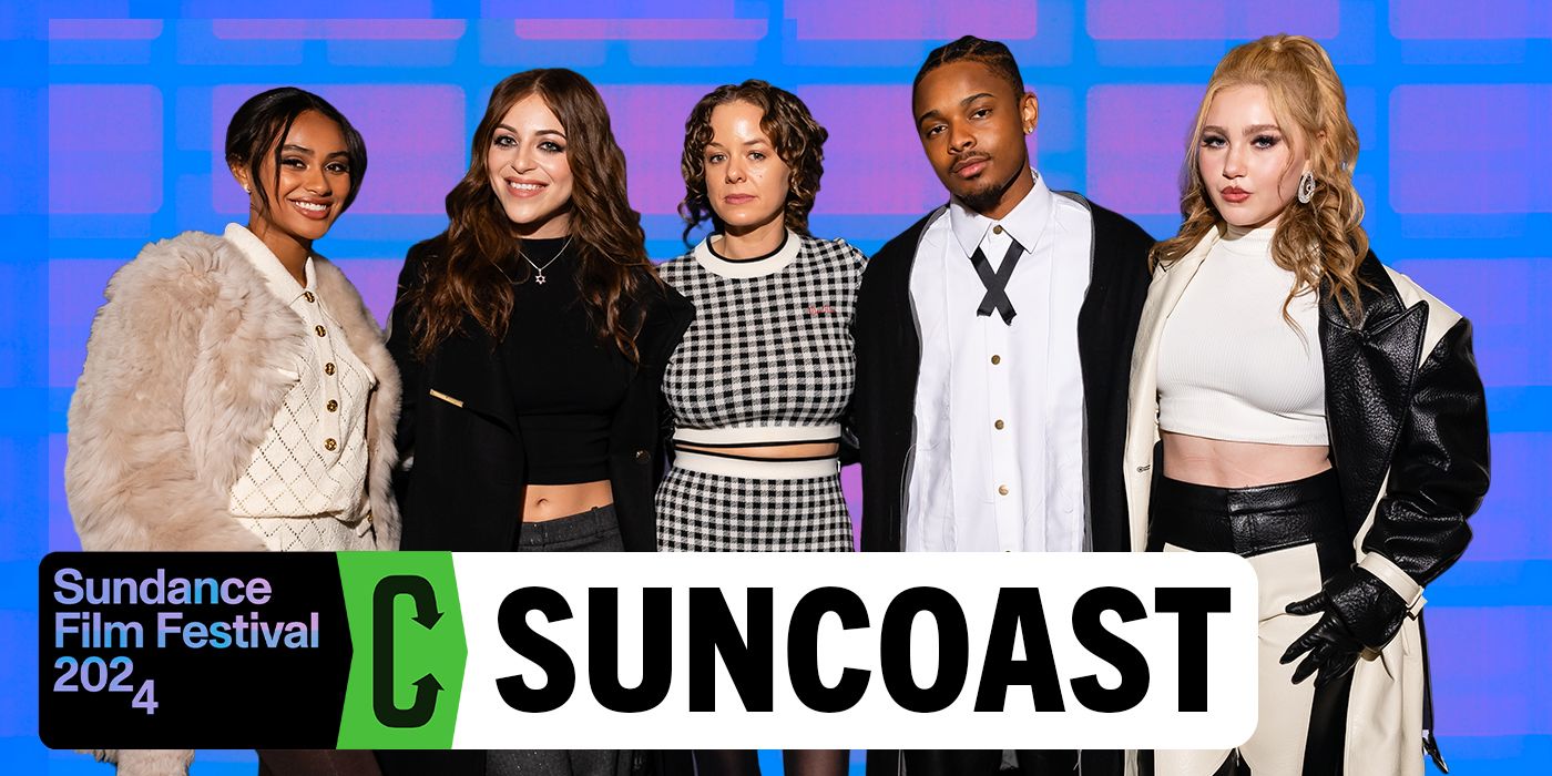 Custom image of the cast of Suncoast posing for an interview at Sundance 2024