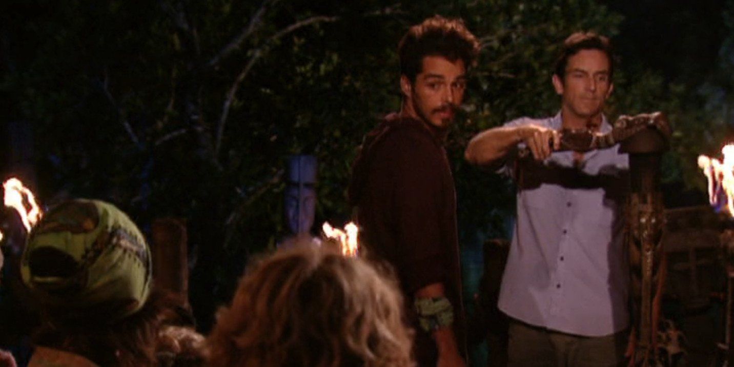 A still from Survivor: Micronesia - Fans vs Favorites during the unexpected blindside of Ozzy Lusth