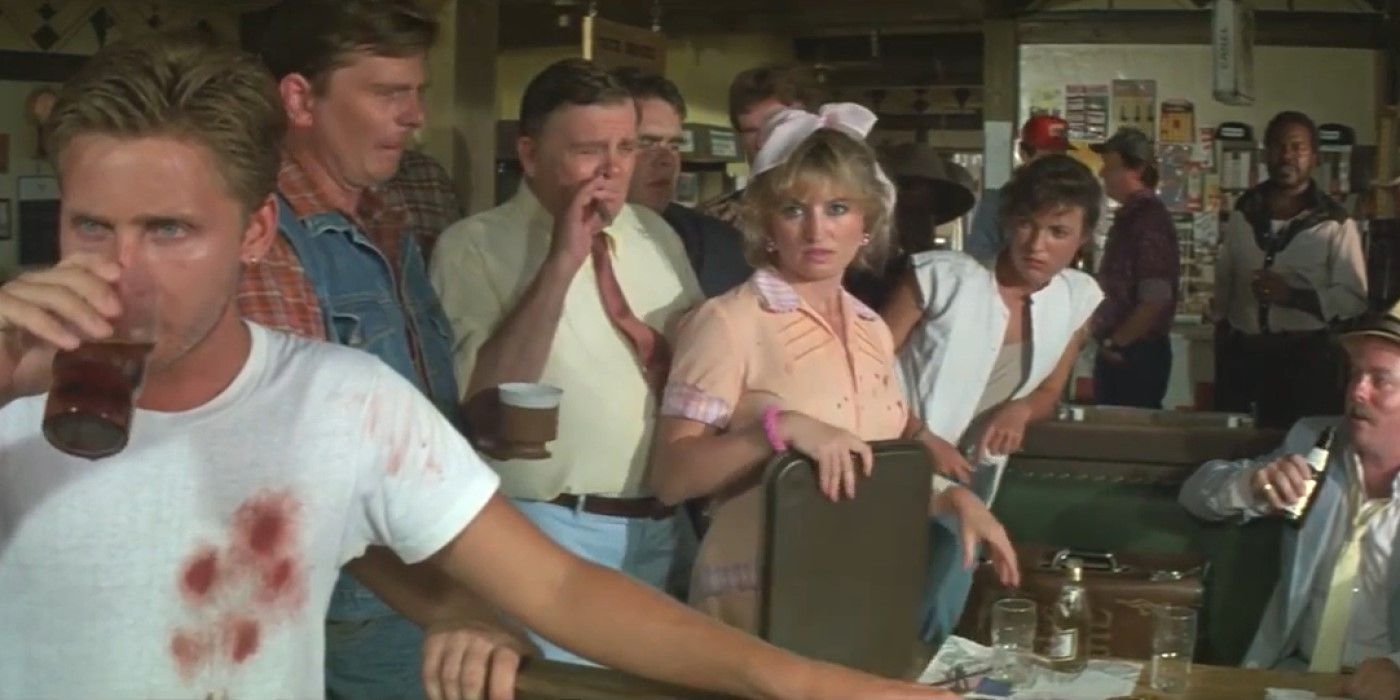 The town survivors, led by Bill (Emilio Estevez), gather in the truck stop in &lsquo;Maximum Overdrive&rsquo;
