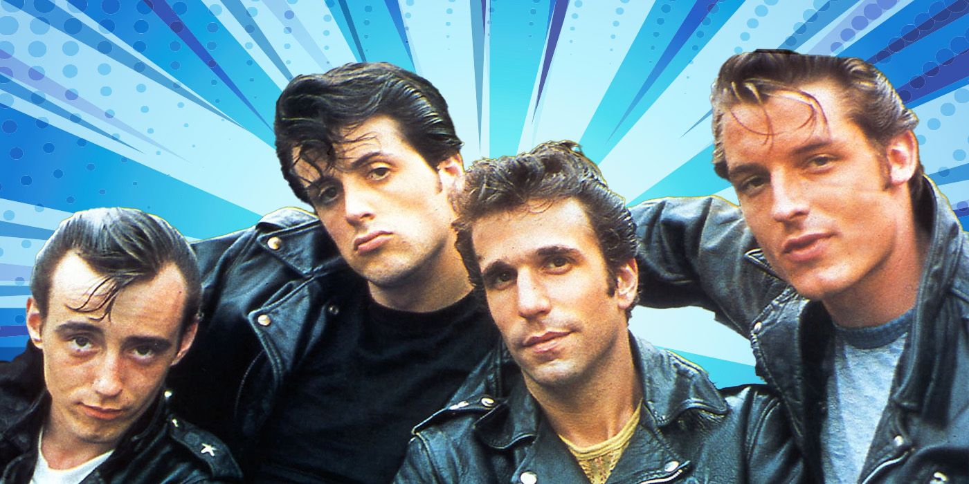 A custom image of Sylvester Stallone, Henry Winkler, Paul Mace, and Perry King wearing leather jackets in The Lords of Flatbush