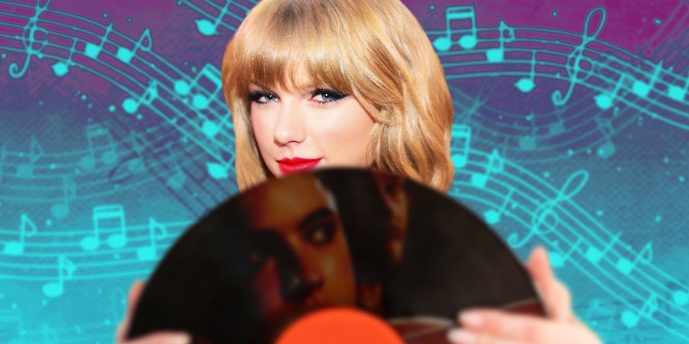 Taylor Swift's face against a blue background with music notes, holding a record in front of her with Margaret Qualley's face reflected on the record