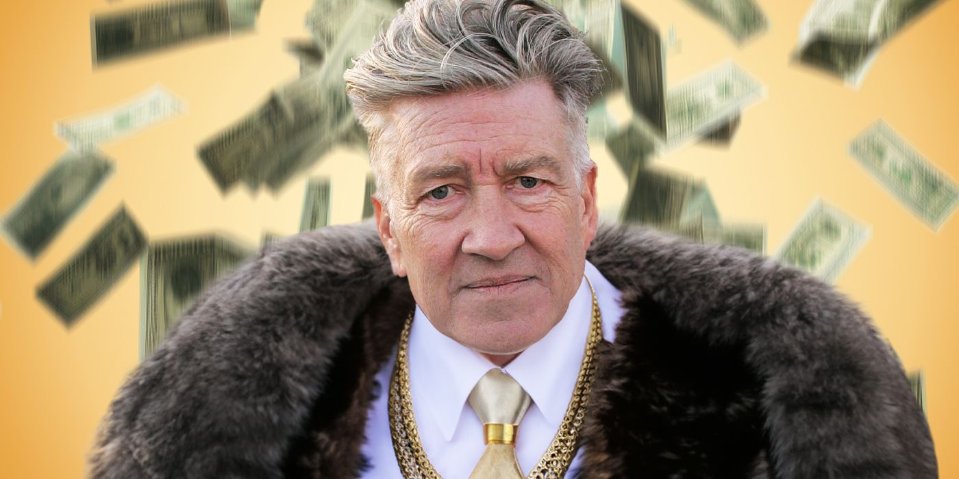 Custom image of David Lynch in a fur coat and chains with money falling in the background.