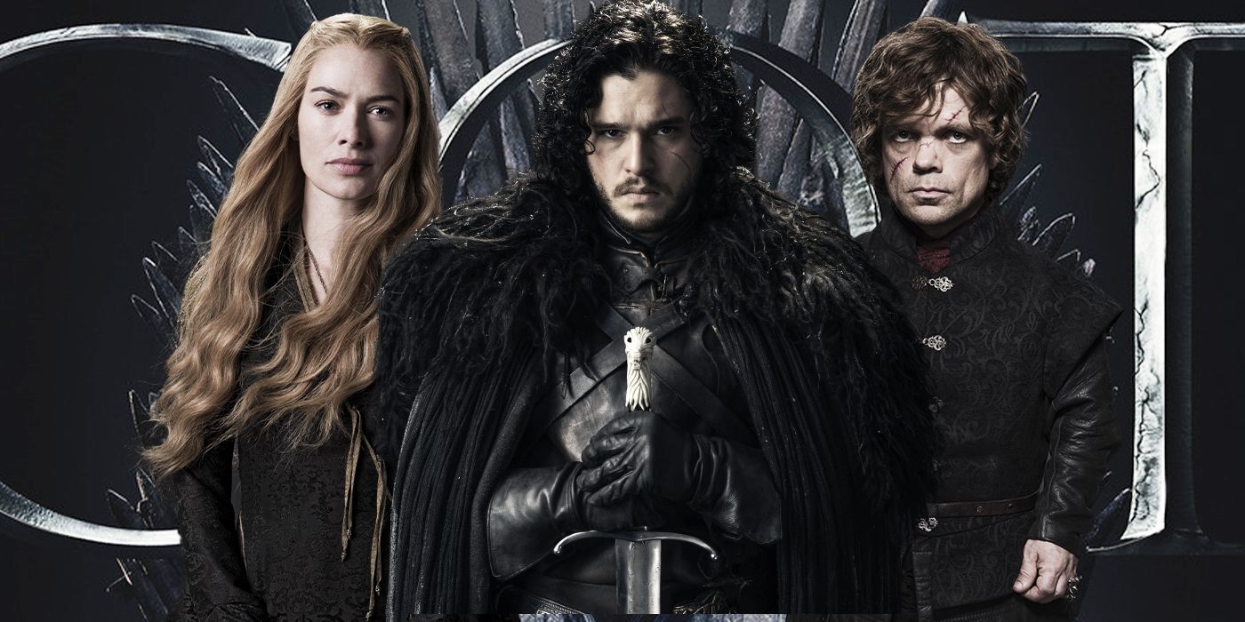 Blended image showing Cersei, Jon Snow, and Tyrion with the word GOT in the background.