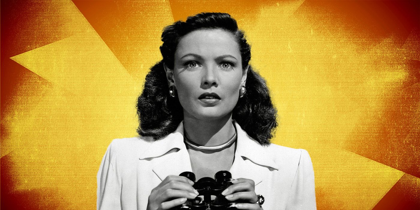 A black and white image of Gene Tierney holding a pair of binoculars and looking straight ahead against an orange and white background for the movie Leave Her To Heaven