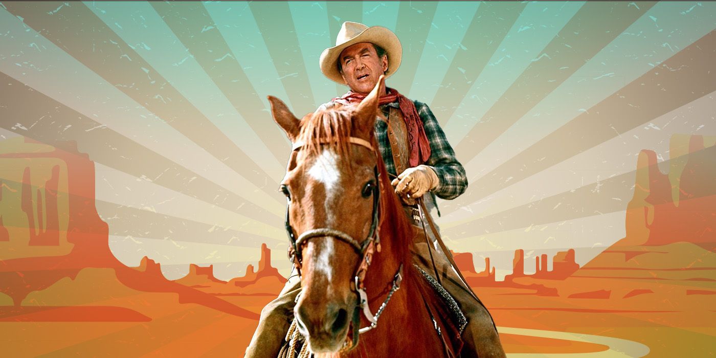 A custom image of Jimmy Stewart riding his horse Pie in front of a Western setting