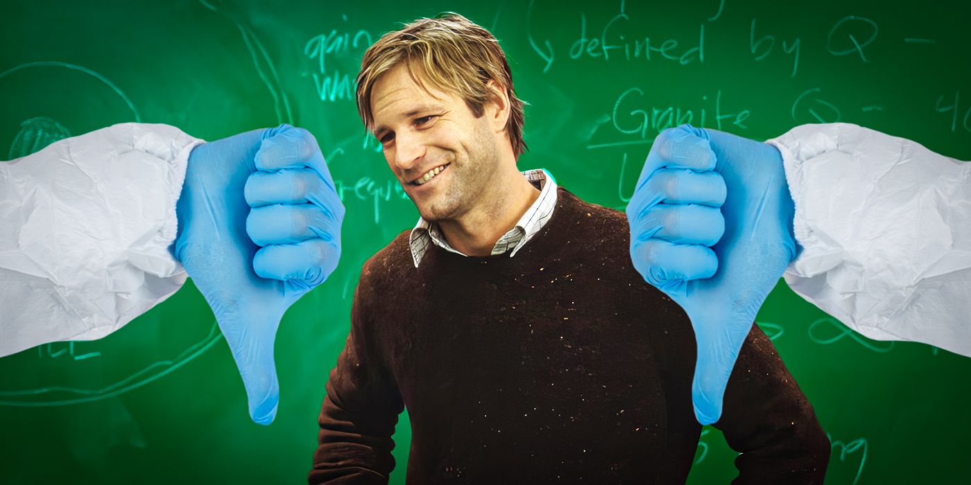 Aaron Eckhart as Josh Keyes in The Core, with two hands in medical gloves giving a thumbs down beside him