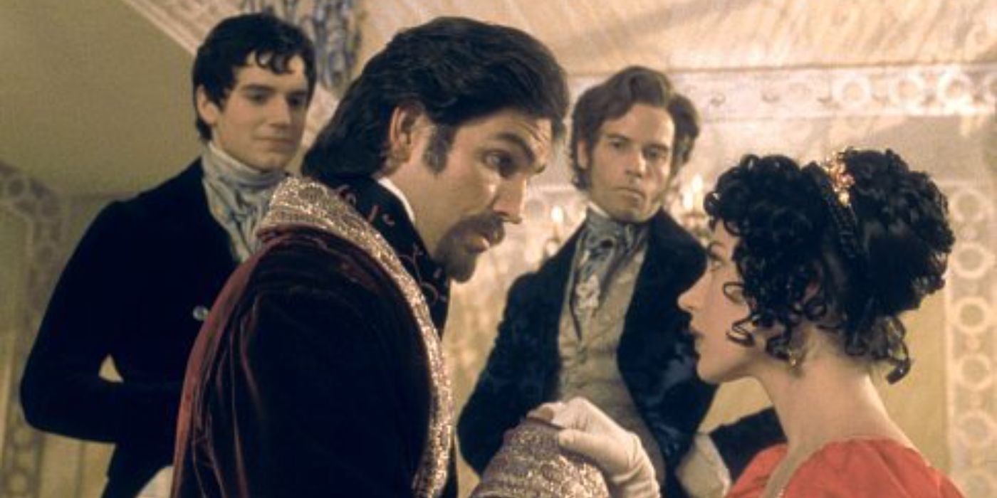 Edmond Dantes, played by Jim Caviezel, kissing the hand of Mercedes, played by Dagmara Dominczyk, in Count of Monte Cristo.