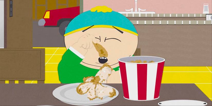 Eric Cartman peels the skin of KFC's fried chicken and eats it, leaving the chicken meat behind.