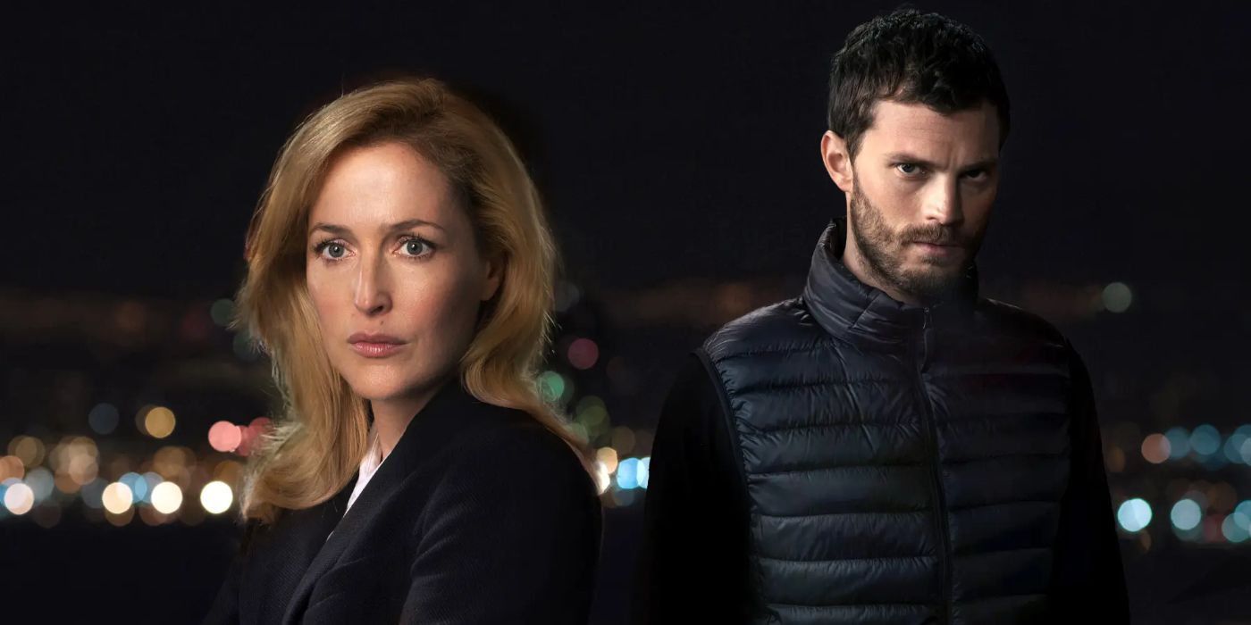 Gillian Anderson as Stella Gibson and Jamie Dornan as Paul Spector standing close and looking opposite ways in The Fall