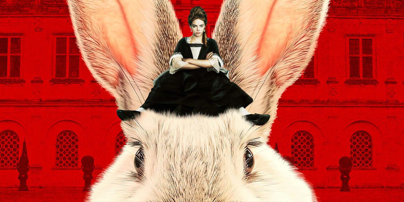 Emma Stone as Abigail in The Favourite, superimposed sitting on a rabbit's head with a red castle in the background