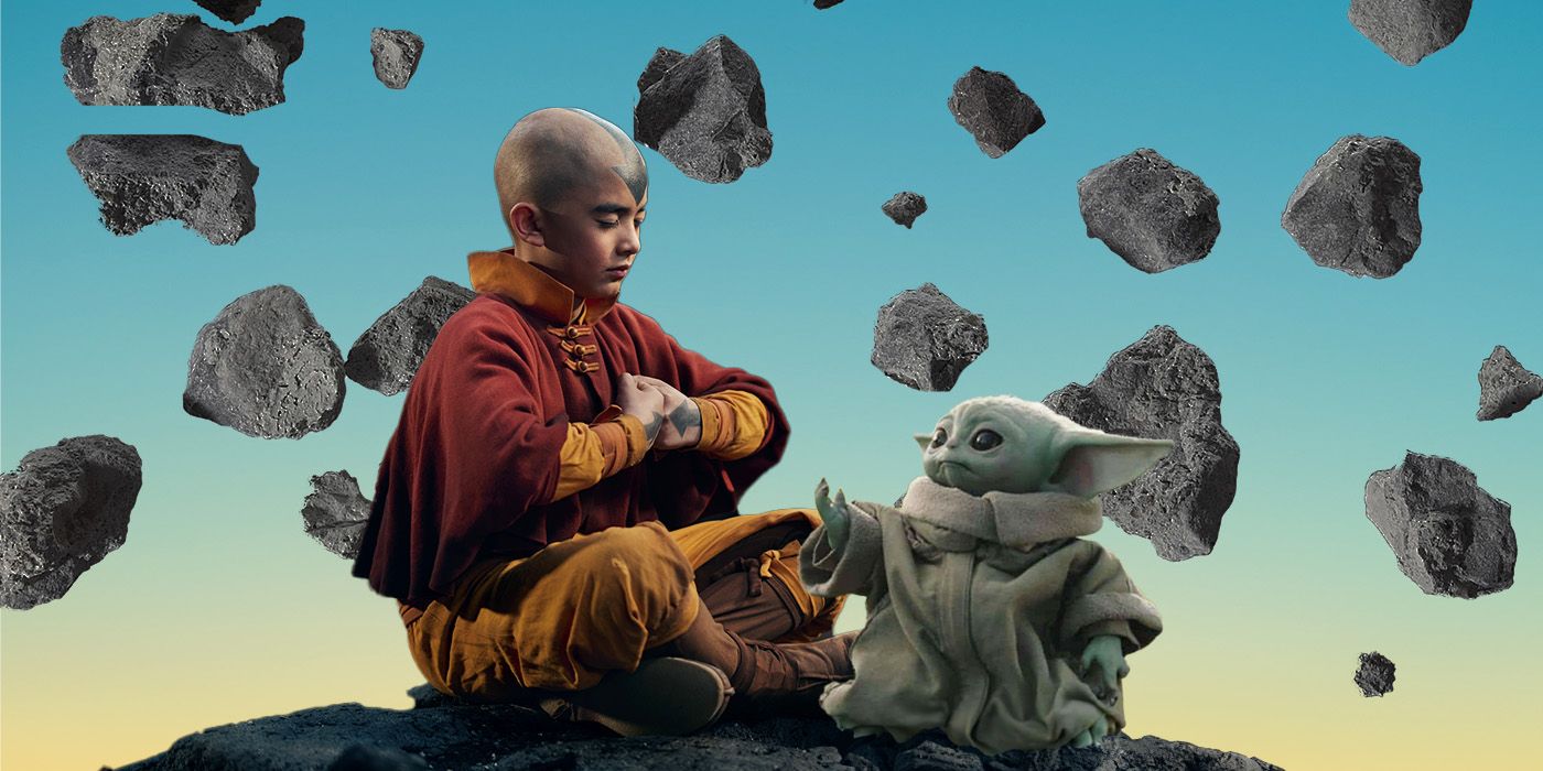 A custom image of Aang from Avatar: The Last Airbender, played by Gordon Cormier, sitting down meditating next to Grogu from The Mandalorian, with rocks floating behind them both