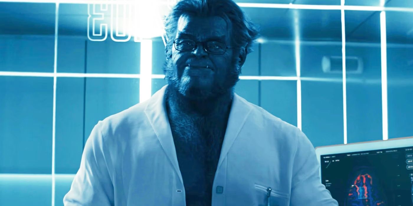 Kelsey Grammer as Beast, wearing a lab coat, in the post-credits scene of 'The Marvels.'