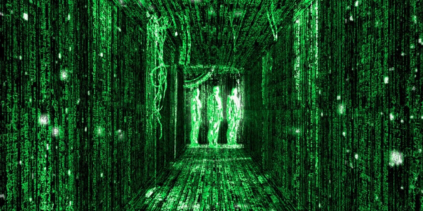 Three characters standing in digital rain in The Matrix