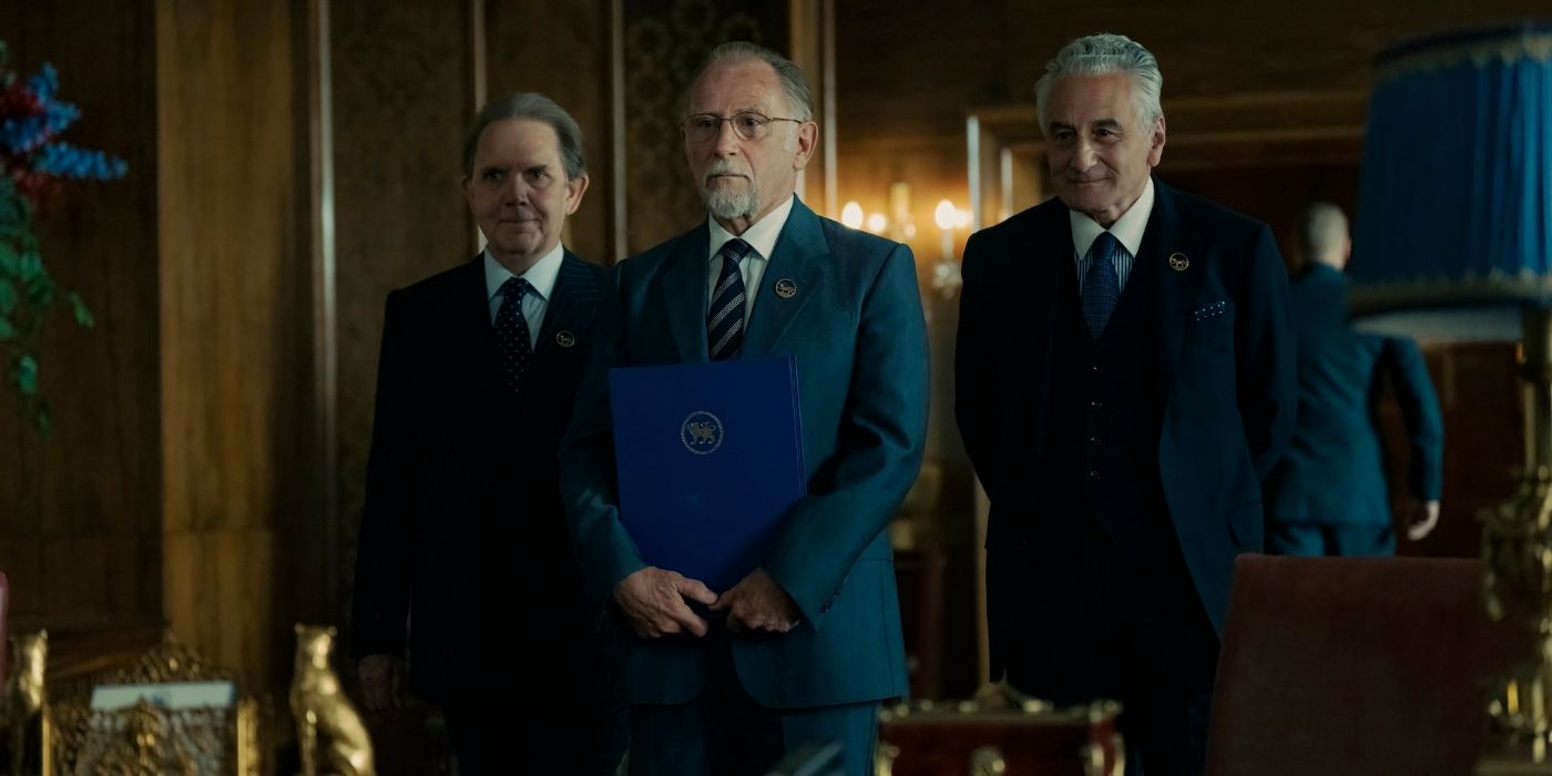 David Bamber, Danny Webb and Henry Goodman at the desk in The Regime