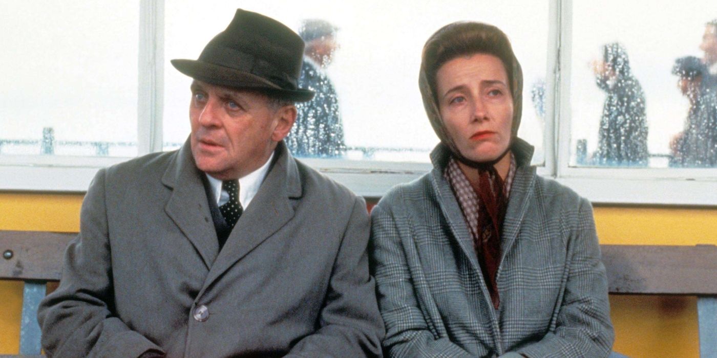 Anthony Hopkins and Emma Thompson on a bench in The Remains of the Day