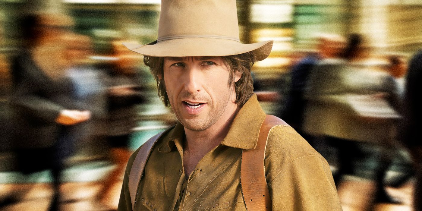 Adam Sandler as Tommy in The Ridiculous 6, superimposed in front of a crowd of people