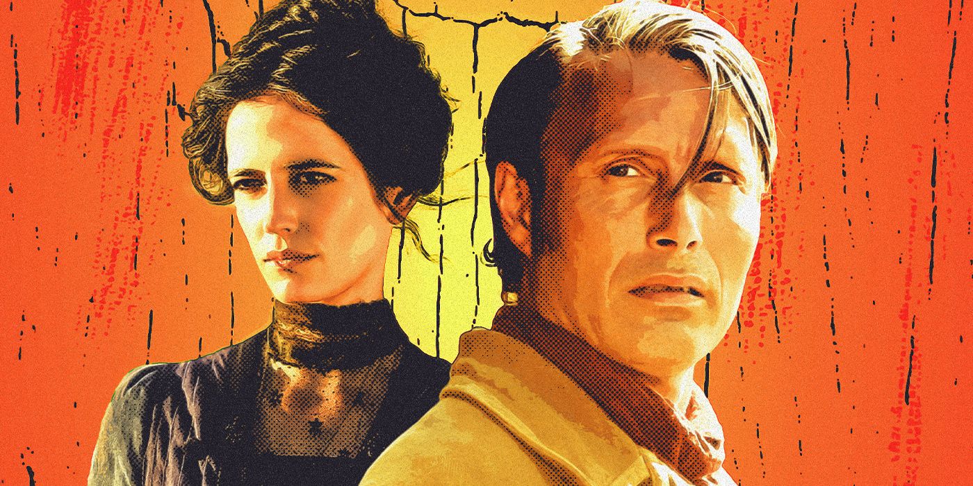 Eva Green and Mads Mikkelsen against an orange and yellow backdrop in the movie The Salvation