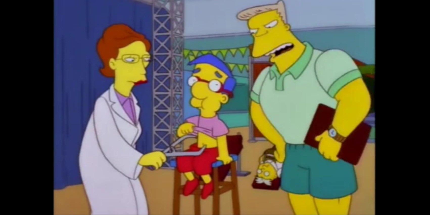Milhouse Van Houten being yelled at by a coach and doctor in The Simpsons