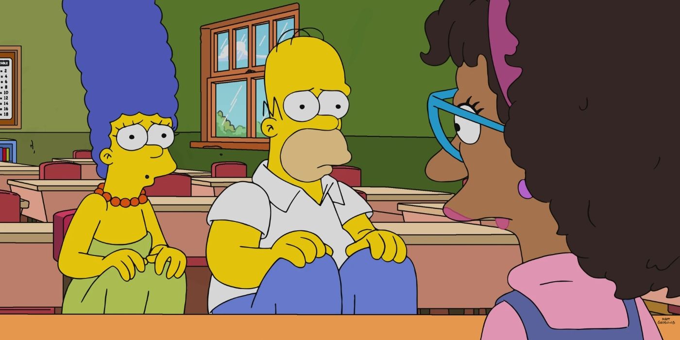 Homero y Marge Simpson sentados nerviosos en Los Simpson