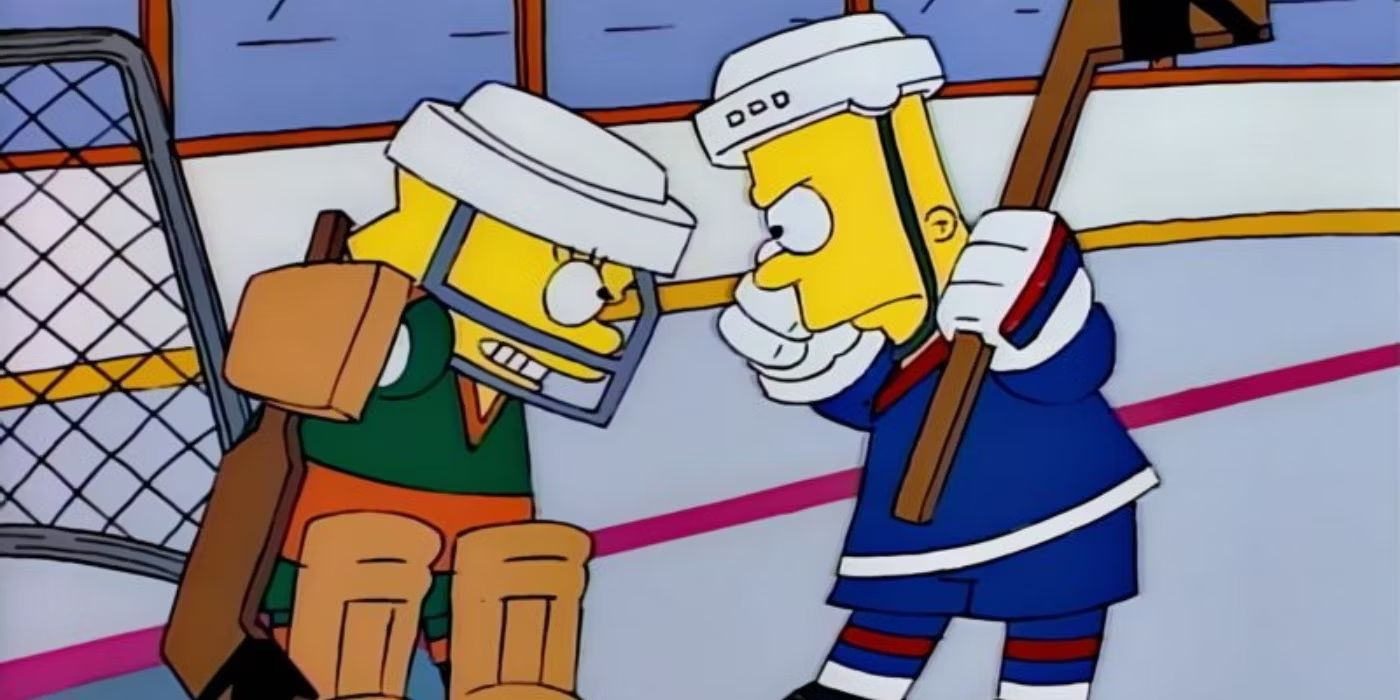 Lisa and Bart face off during a hockey game in The Simpsons