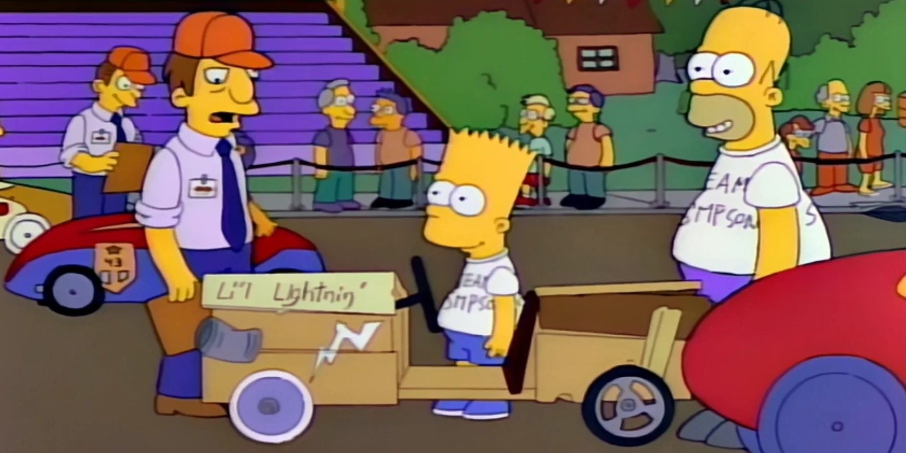 Bart and Homer standing with their makeshift chariot in The Simpsons
