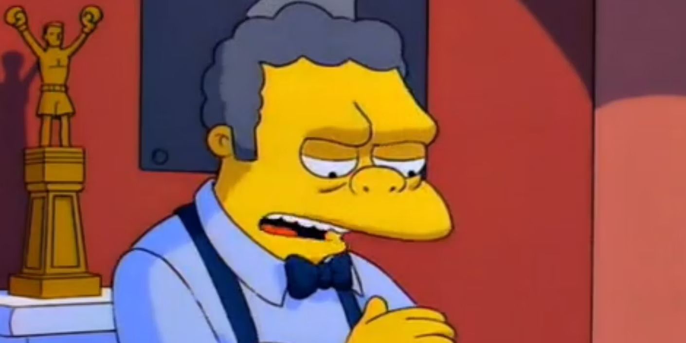 Moe porte une chemise bleue avec un nœud papillon dans Les Simpsons