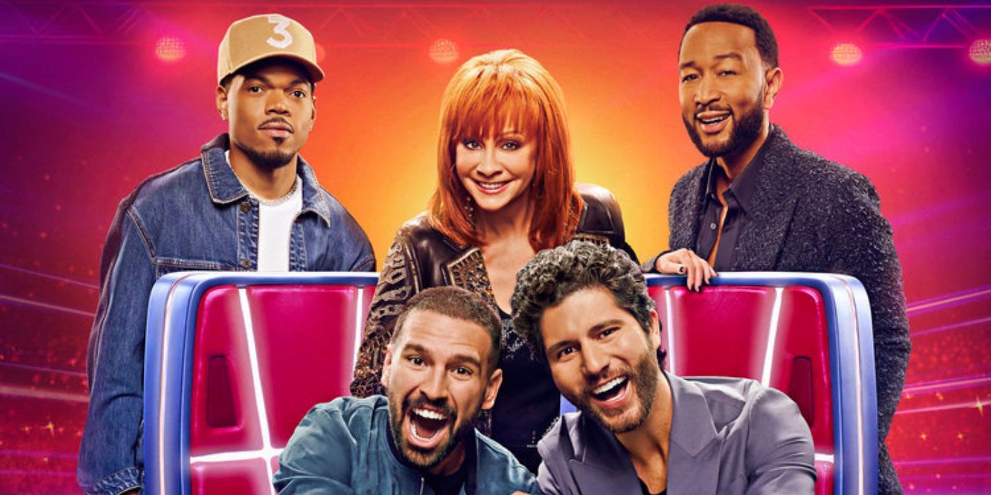 Chance the Rapper, Reba McEntire, John Legend, and Dan+ Shay on the poster for The Voice Season 25.