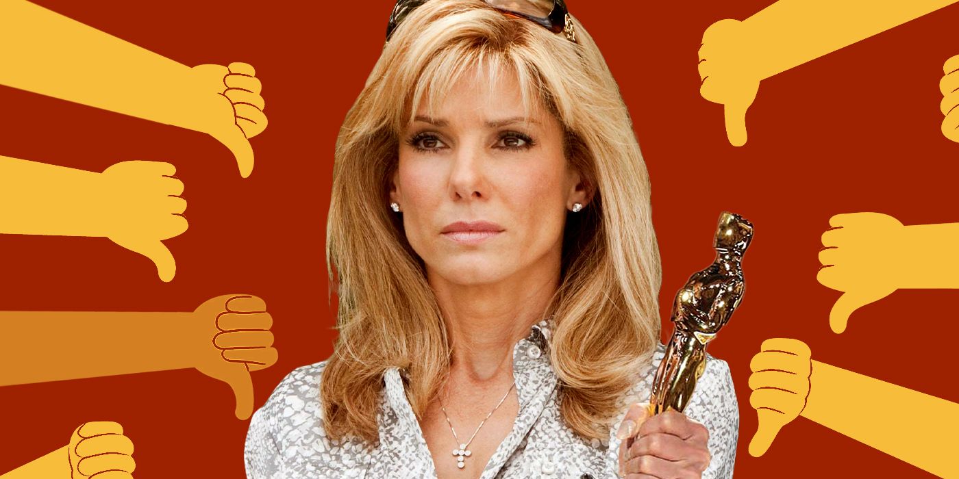 Blended image showing Sandra Bullock in The Blind Side with an Oscar and hands doing the thumbs down around her.