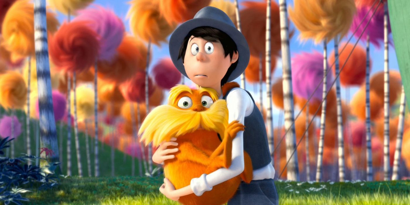 Lorax and the Onceler embrace in fear