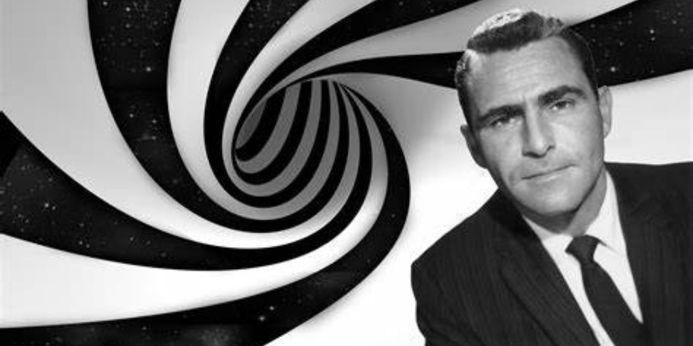 Promo for 'the Twilight Zone' featuring a man against a hypnotizing background.