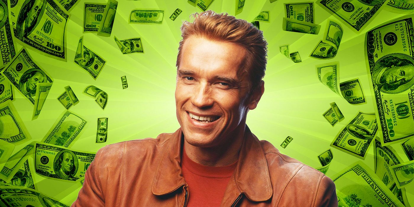 Arnold Schwarzenegger smiling in front of a background of hundred dollar bills