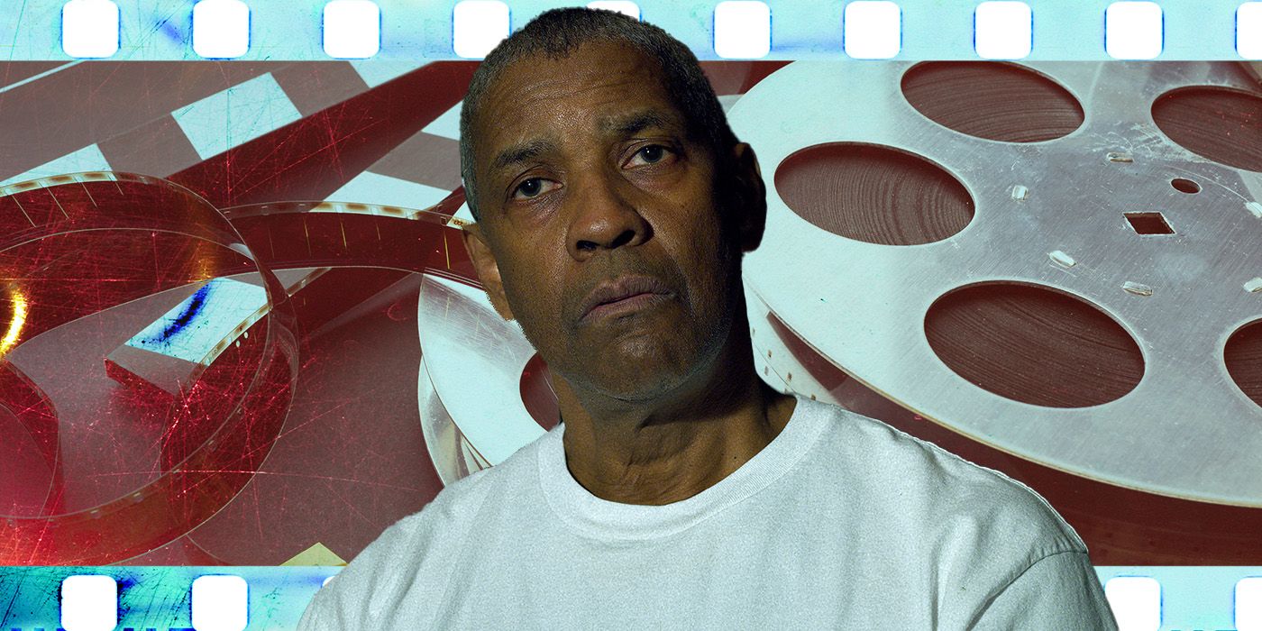 Denzel Washington as Deacon in The Little Things, superimposed on a background of film reels