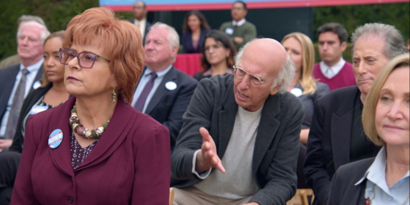 Tracey Ullman, Larry David, and Richard Lewis at an election rally in Curb Your Enthusiasm