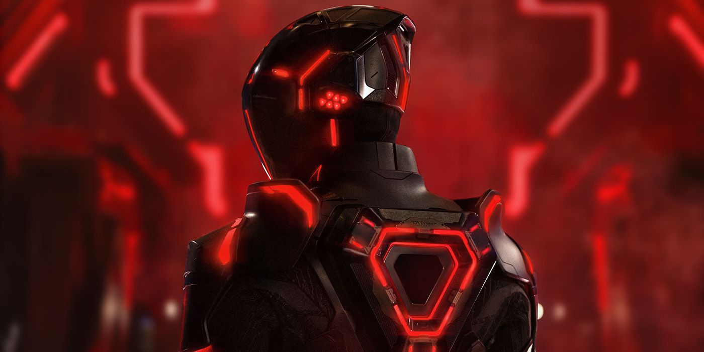 A close up for Jared Leto in a red and black TRON suit in Tron:Ares