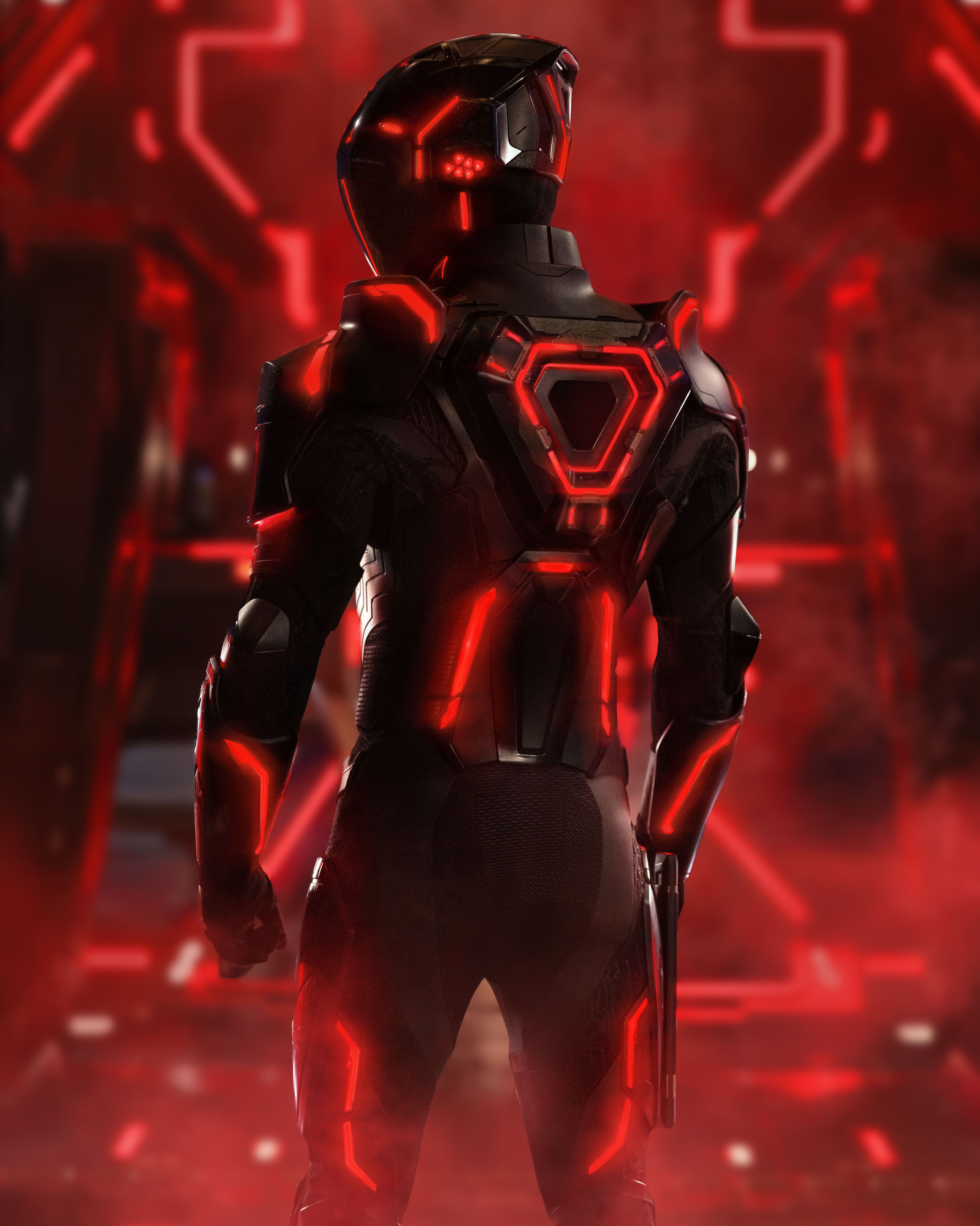 Jared Leto con un traje rojo de TRON en Tron: Ares