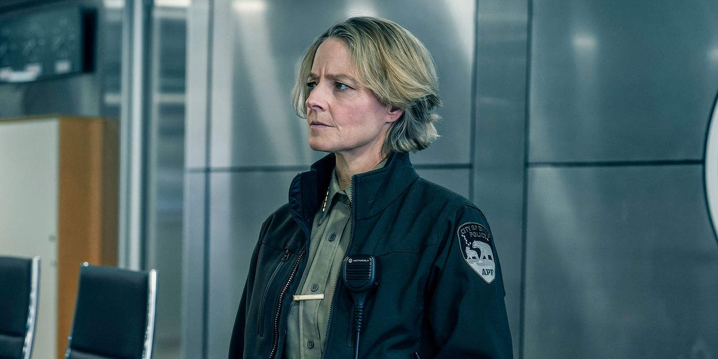 Jodie Foster as Liz Danvers wearing her police uniform and looking at something offscreen in True Detective: Night Country Episode 5. 