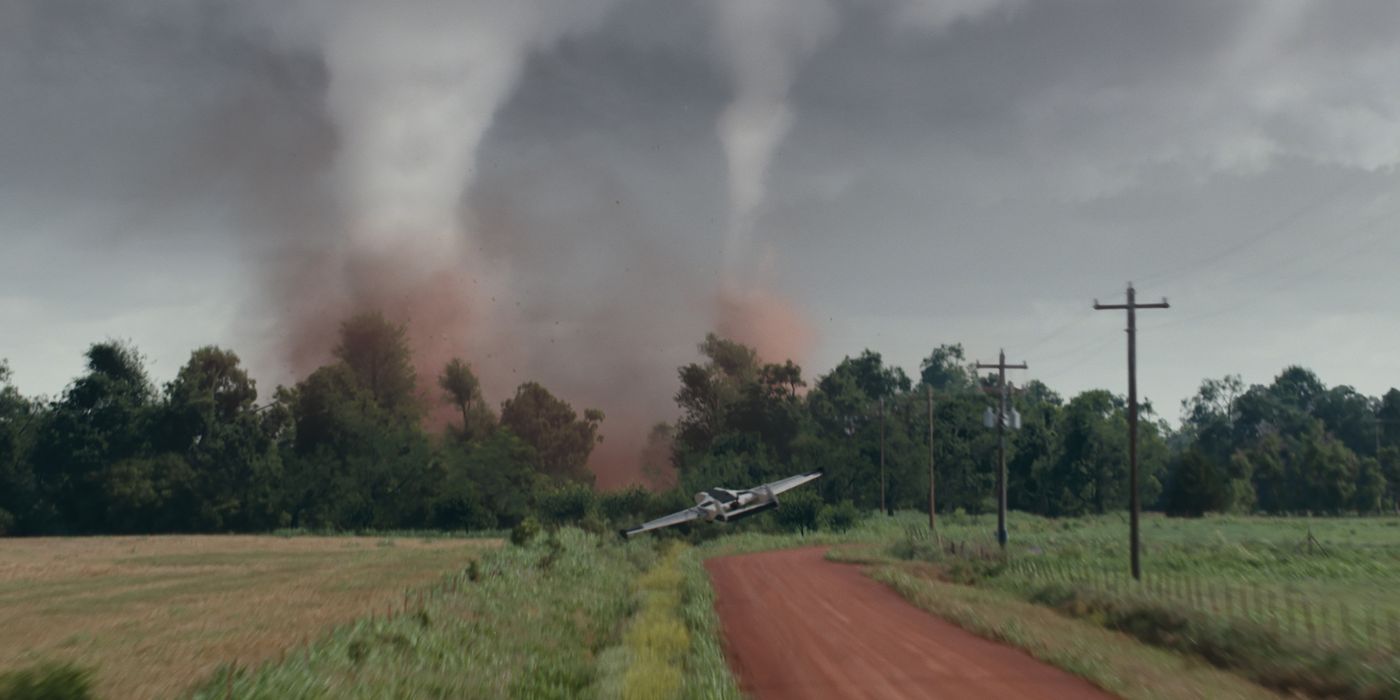 A drone capturing footage of twin tornados in Twisters