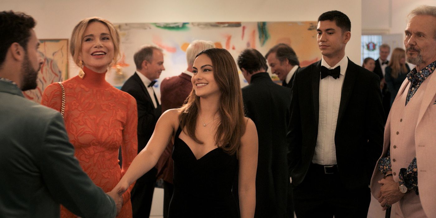 Lena Olin, Camila Mendes, Archie Renaux, and Anthony Head in Upgraded