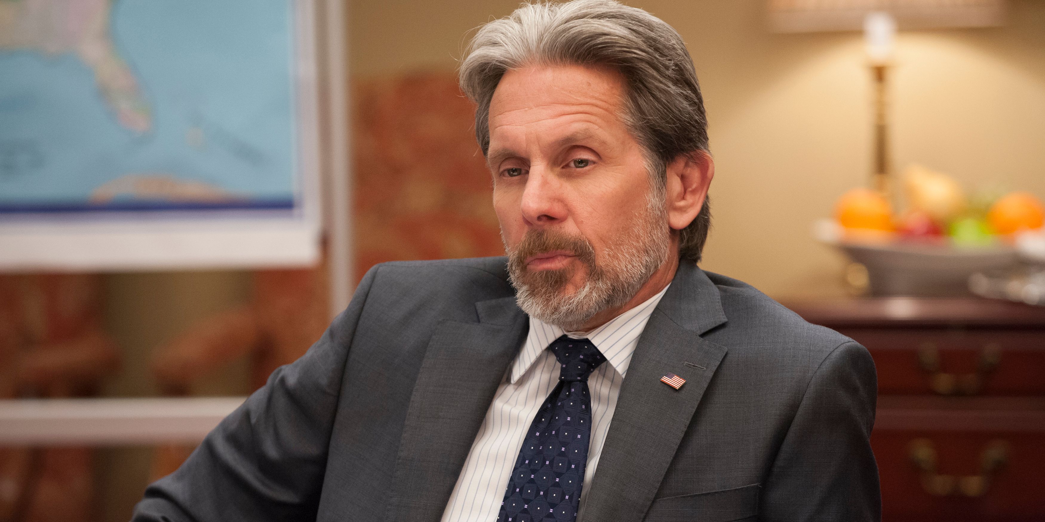 Vice President Kent Davidson (Gary Cole) smugly leaning in a chair from Veep