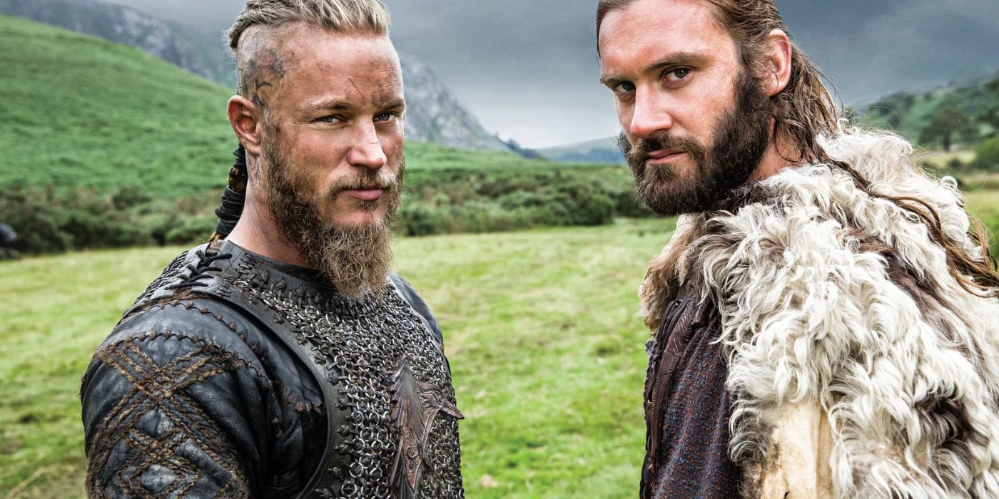 Two vikings - Ragnar and Rollo - stand against a verdant meadow