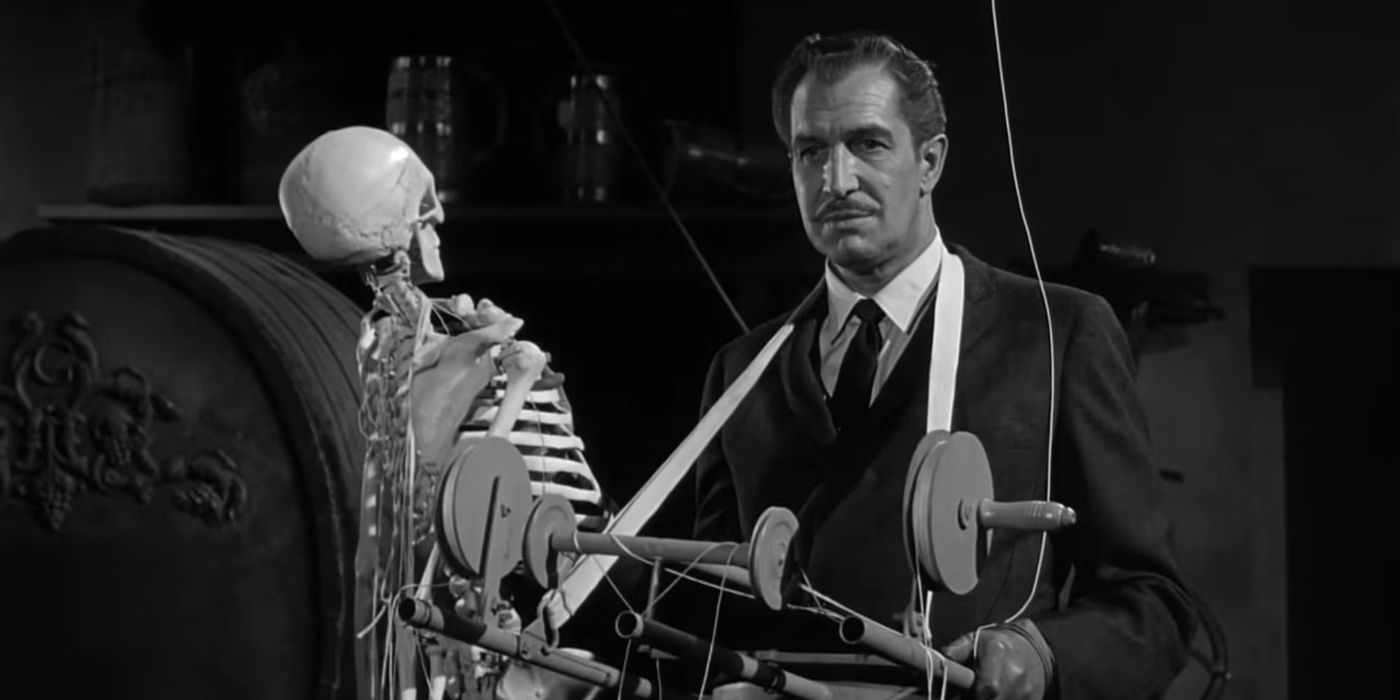 Vincent Price operating a skeleton on a pulley system in 'House on Haunted Hill' (1959)