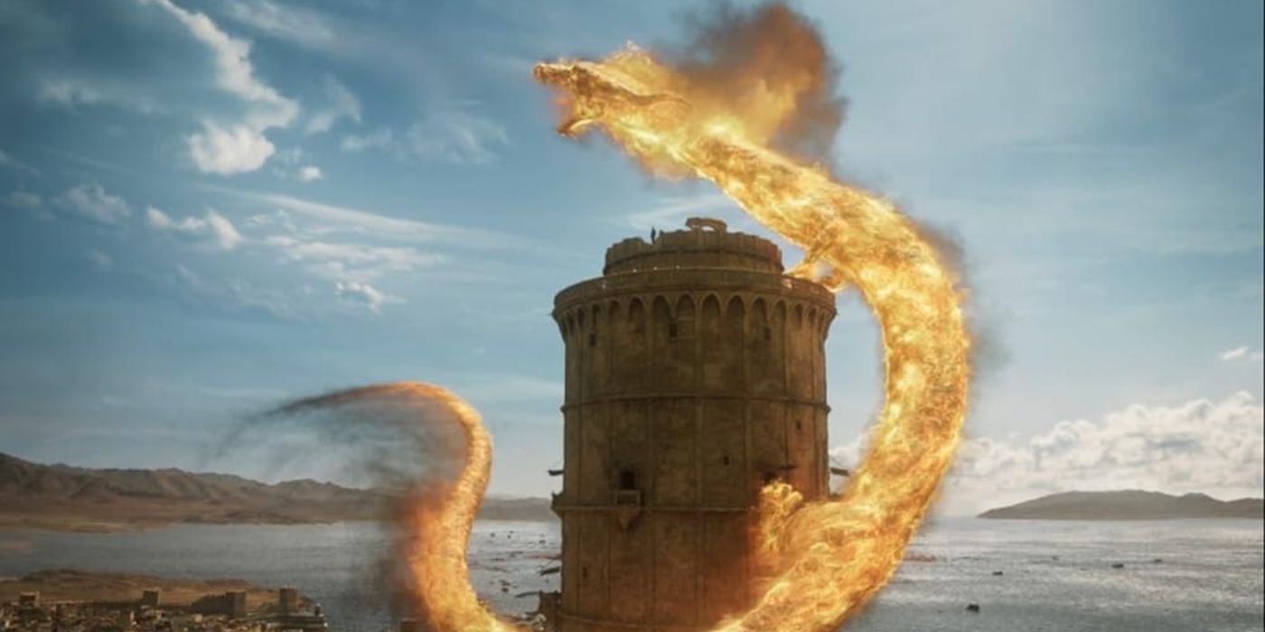 A fiery dragon perches on Falme tower