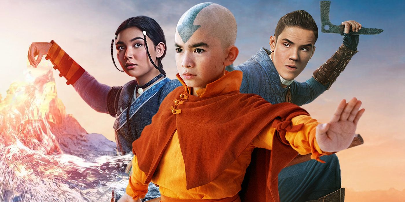 A custom image of Gordon Cormier as Aang, Kiawentiio as Katara, and Ian Ousley as Sokka in Avatar: The Last Airbender